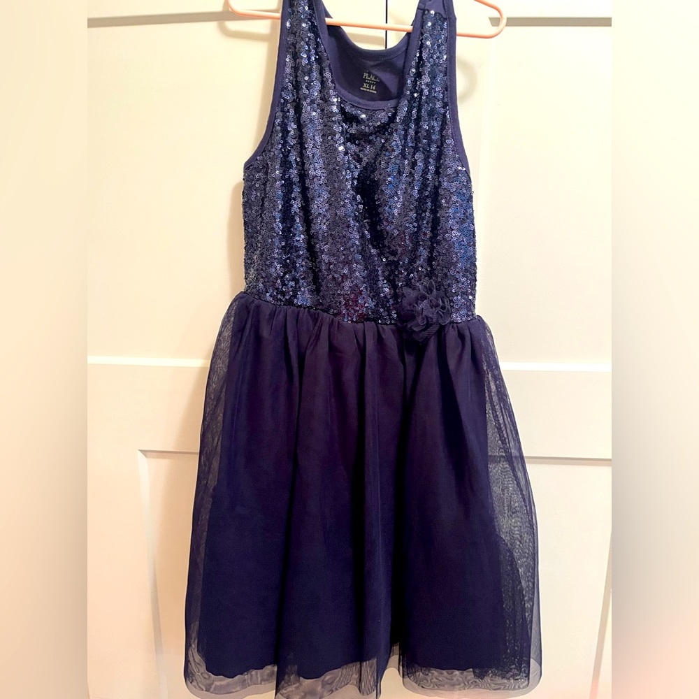 Girls Holiday Dress Navy Blue 14XL Children’s Place slip on. Stretchy sequin top